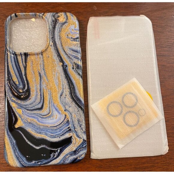 case for iPhone 14 pro max 6.7" gold & blue marble liquid art glitter - Picture 3 of 6